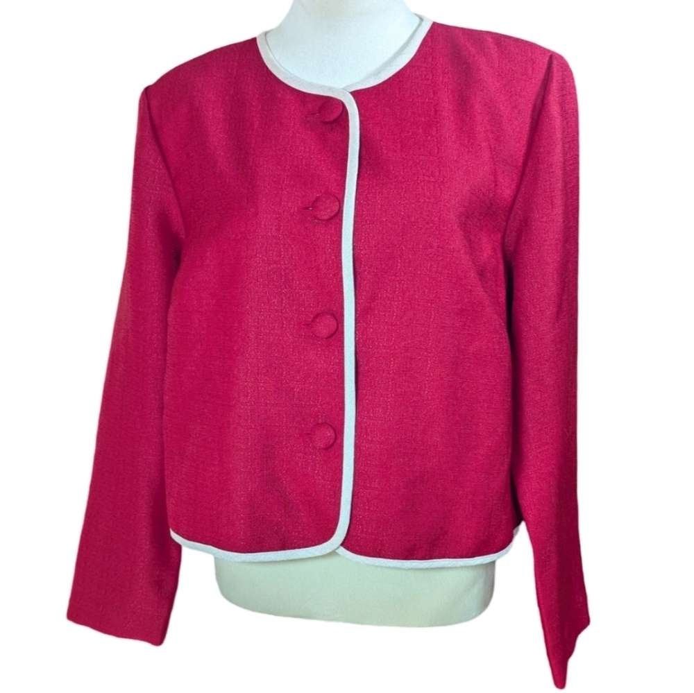 Leslie Fay Vintage Women's Size 16 Red White Button Up Blazer Suit Jacket